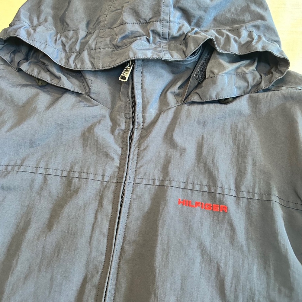 Tommy Hilfiger Windbreaker Jacket Mens XL Navy Blue Hooded Full Zip Mesh Lined